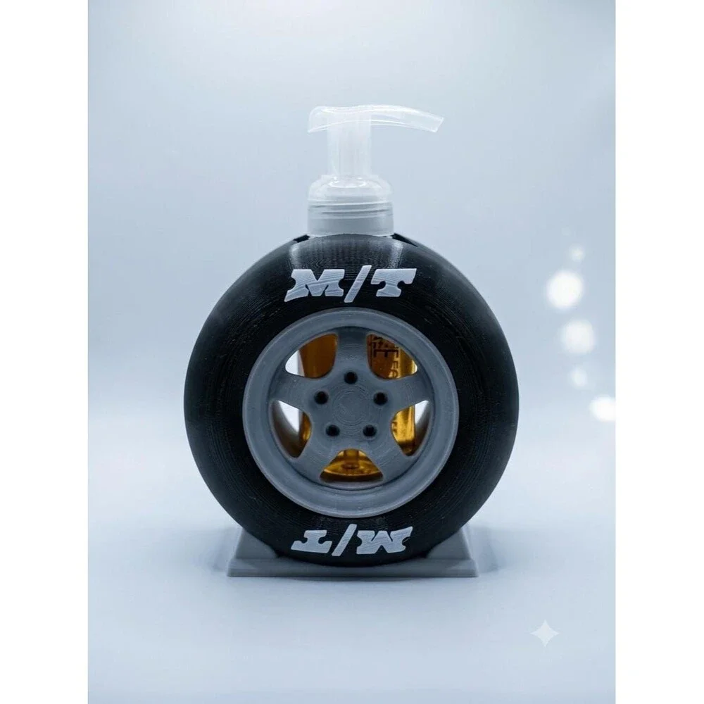 3D Printed Tire Soap Dispenser Holder | Mickey Thompson M/T Racing Wheel Garage